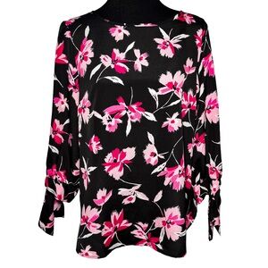 Nine West Women’s Medium Tulip Floral 3/4 Tie Sleeve Blouse Black Pink Top NWT